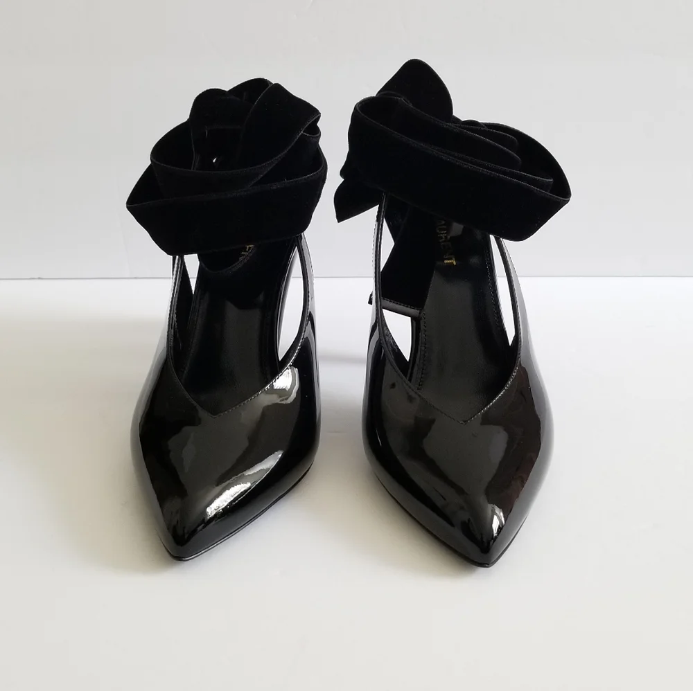 Saint Laurent Patent Leather Slingback Pointed Toe Lace Up Pumps Size 38… - Picture 10 of 12